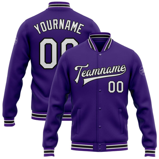 Custom Purple White-Black Bomber Full-Snap Varsity Letterman Jacket - Main View