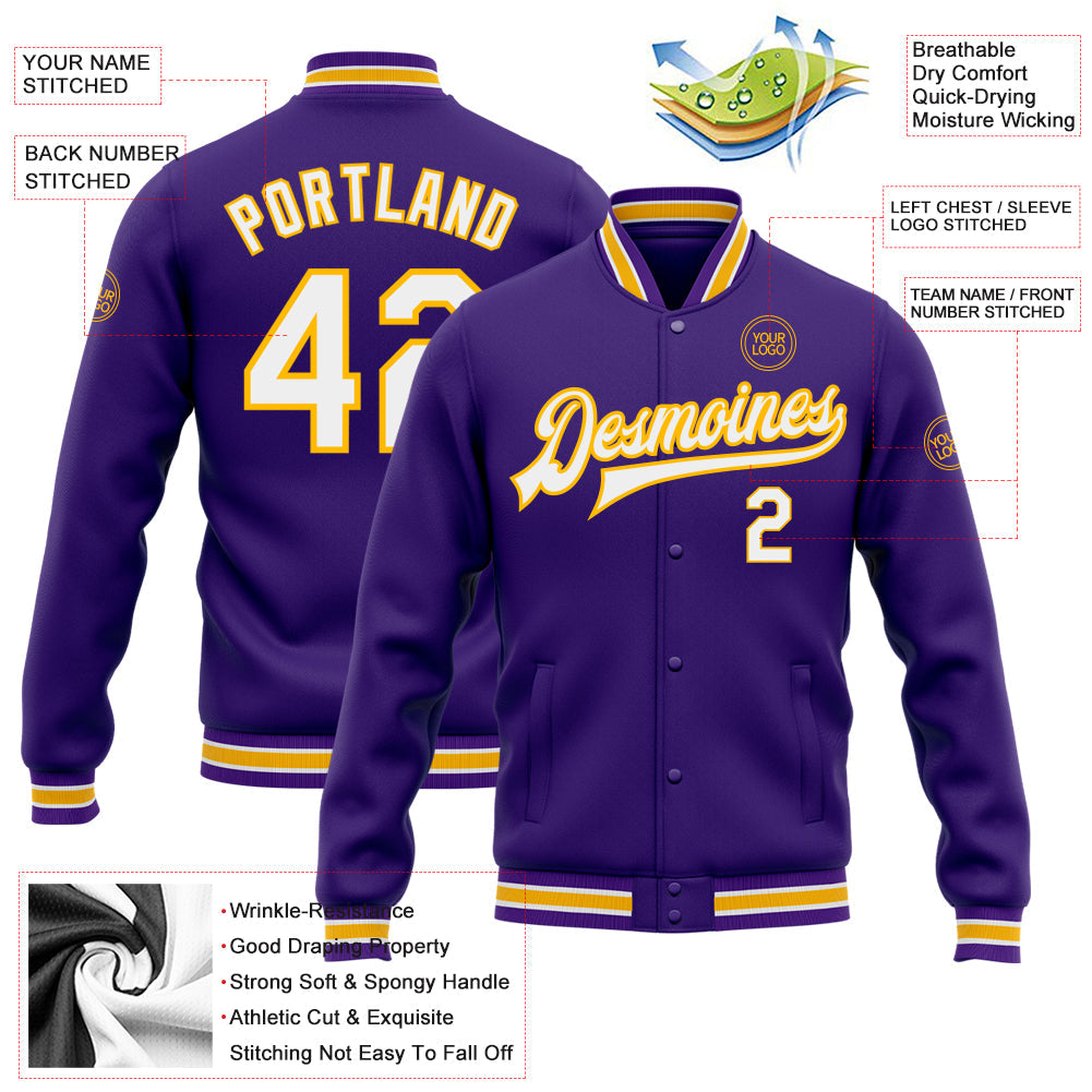 Custom Purple White-Gold Bomber Full-Snap Varsity Letterman Jacket view 5
