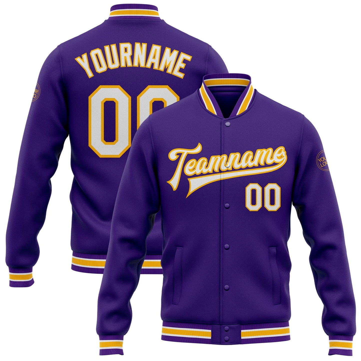 Custom Purple White-Gold Bomber Full-Snap Varsity Letterman Jacket - Main View