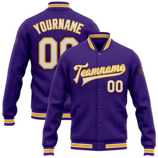 Custom Purple White-Gold Bomber Full-Snap Varsity Letterman Jacket - Main View