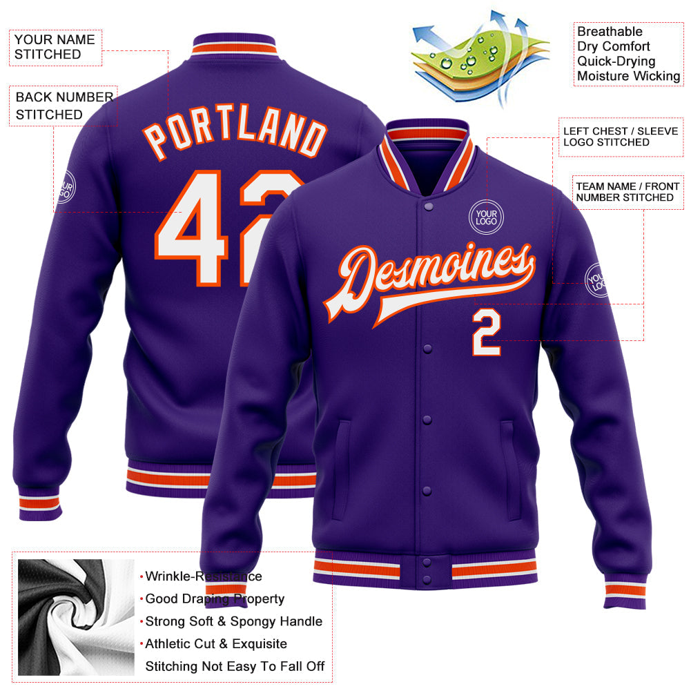 Custom Purple White-Orange Bomber Full-Snap Varsity Letterman Jacket view 5