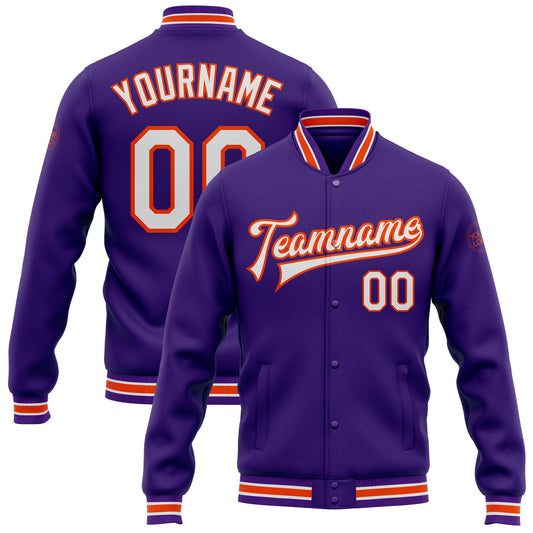 Custom Purple White-Orange Bomber Full-Snap Varsity Letterman Jacket - Main View