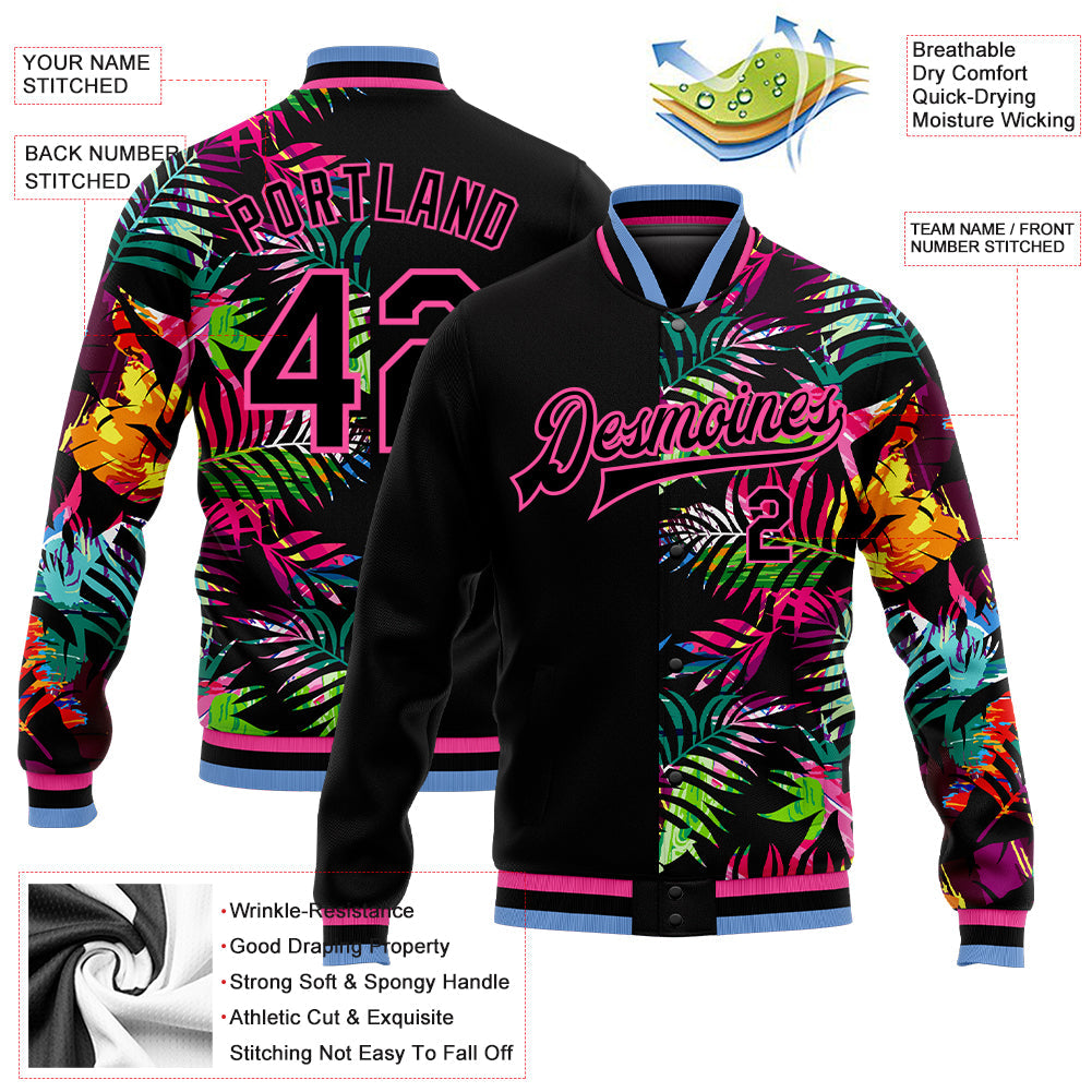 Custom Black Pink-Light Blue Hawaii Palm Trees 3D Bomber Full-Snap Varsity Letterman Jacket view 5