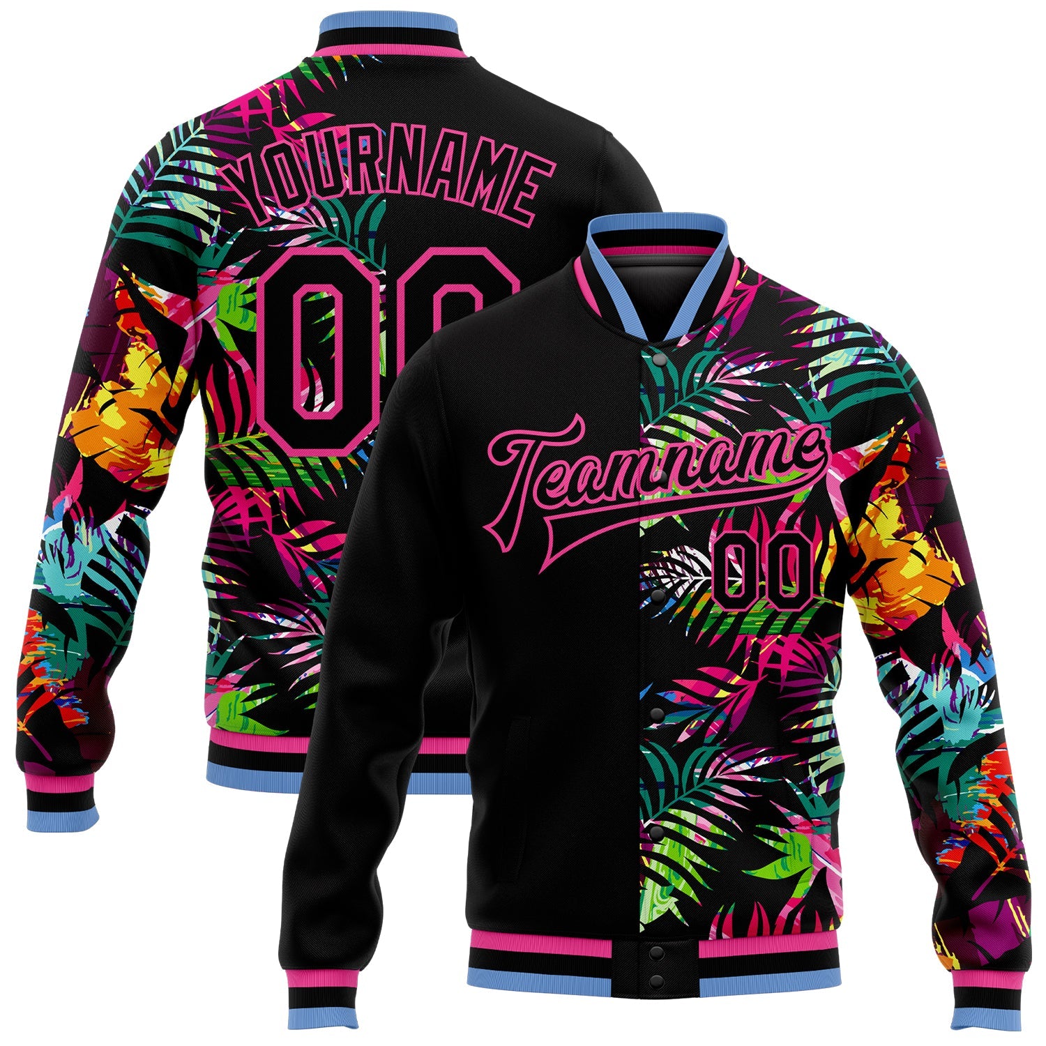 Custom Black Pink-Light Blue Hawaii Palm Trees 3D Bomber Full-Snap Varsity Letterman Jacket - Main View