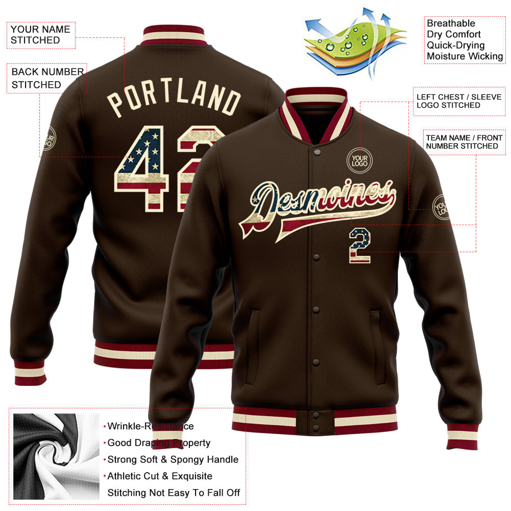 Custom Brown Vintage USA Flag Cream-Maroon Bomber Full-Snap Varsity Letterman Jacket view 5