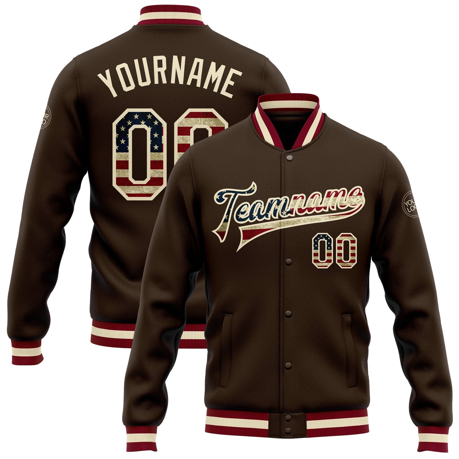 Custom Brown Vintage USA Flag Cream-Maroon Bomber Full-Snap Varsity Letterman Jacket - Main View