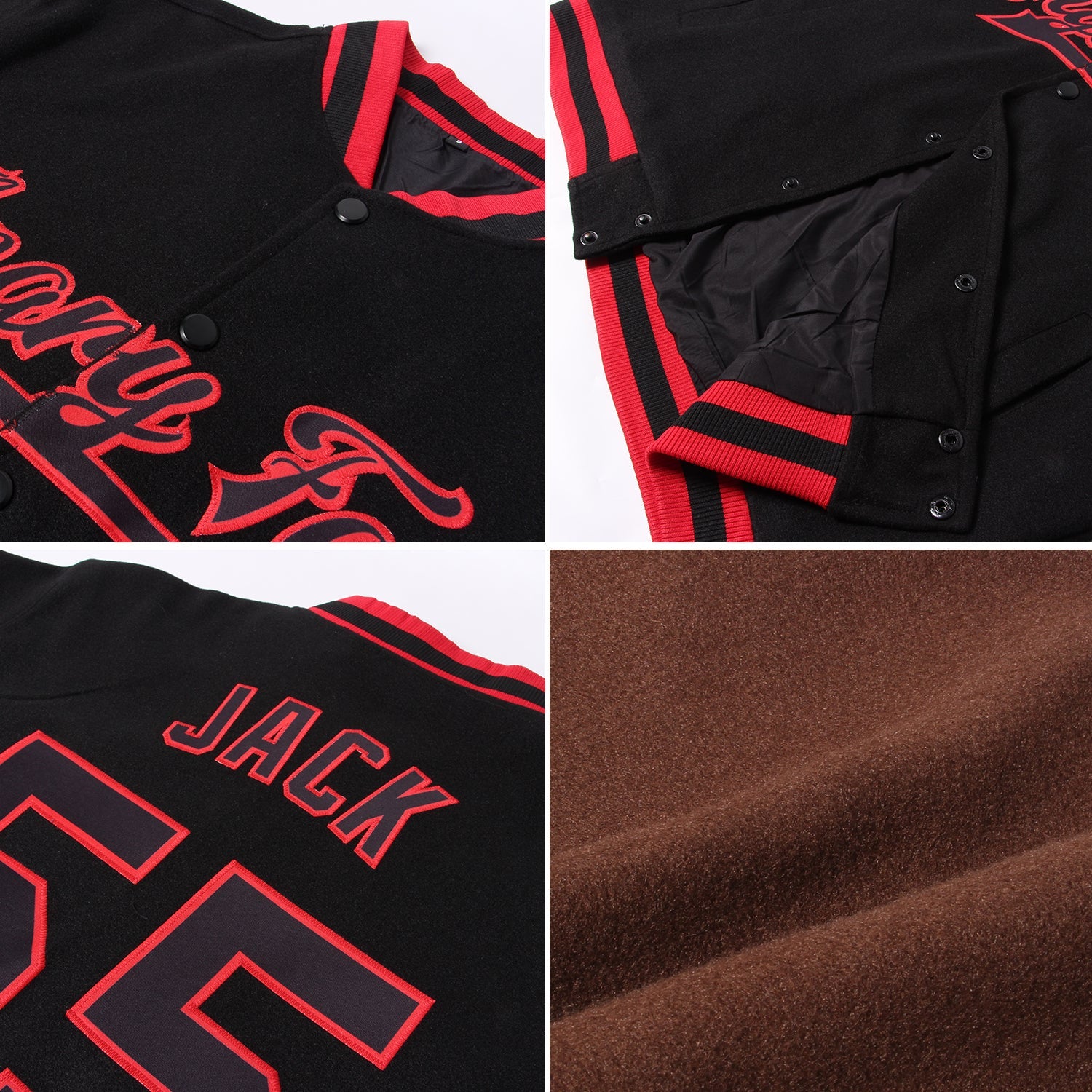 Custom Brown Red-Cream Bomber Full-Snap Varsity Letterman Jacket view 4