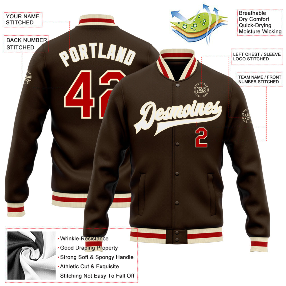 Custom Brown Red-Cream Bomber Full-Snap Varsity Letterman Jacket view 5