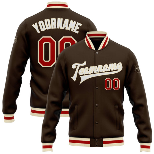 Custom Brown Red-Cream Bomber Full-Snap Varsity Letterman Jacket - Main View