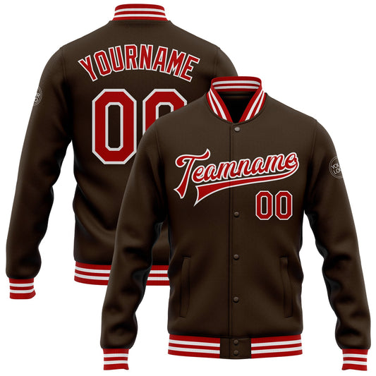 Custom Brown Red-White Bomber Full-Snap Varsity Letterman Jacket - Main View