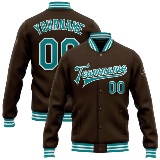 Custom Brown Teal-White Bomber Full-Snap Varsity Letterman Jacket - Main View