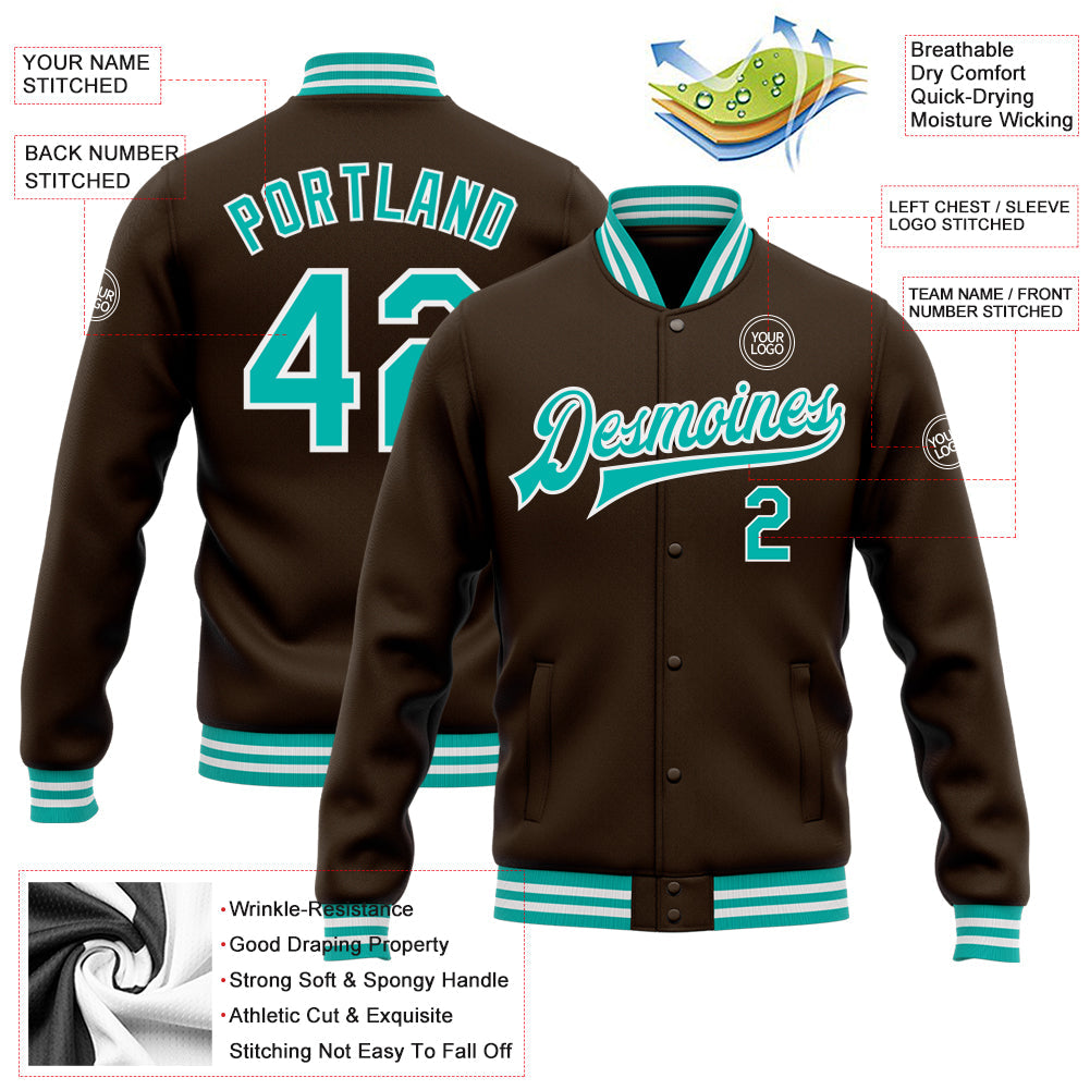 Custom Brown Aqua-White Bomber Full-Snap Varsity Letterman Jacket view 5