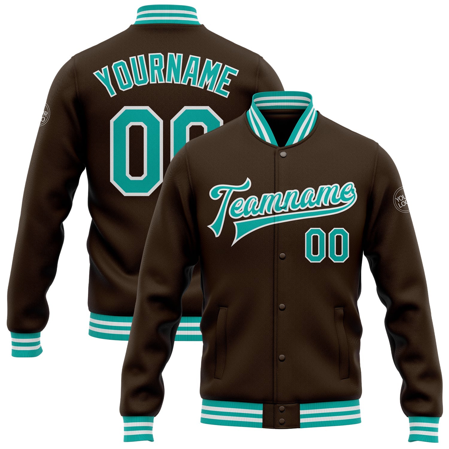 Custom Brown Aqua-White Bomber Full-Snap Varsity Letterman Jacket - Main View