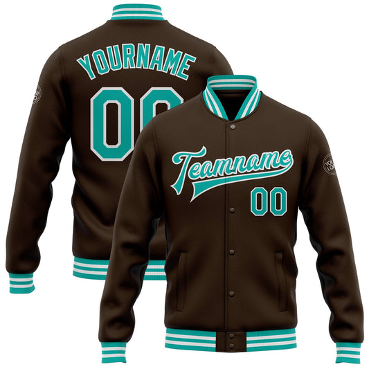 Custom Brown Aqua-White Bomber Full-Snap Varsity Letterman Jacket - Main View