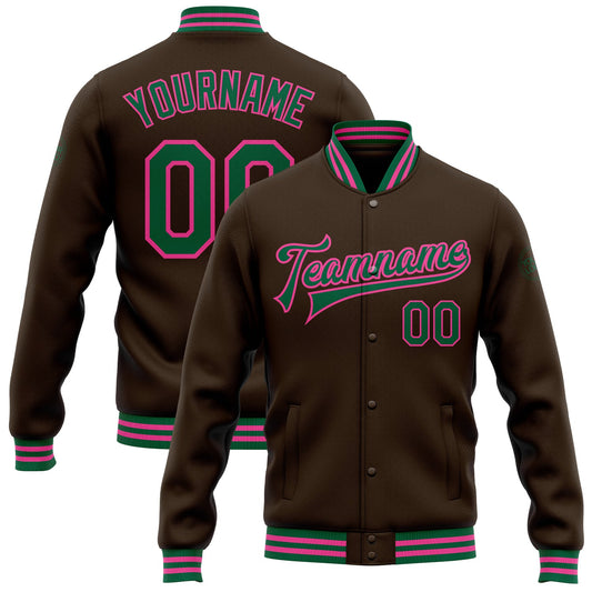Custom Brown Kelly Green-Pink Bomber Full-Snap Varsity Letterman Jacket - Main View