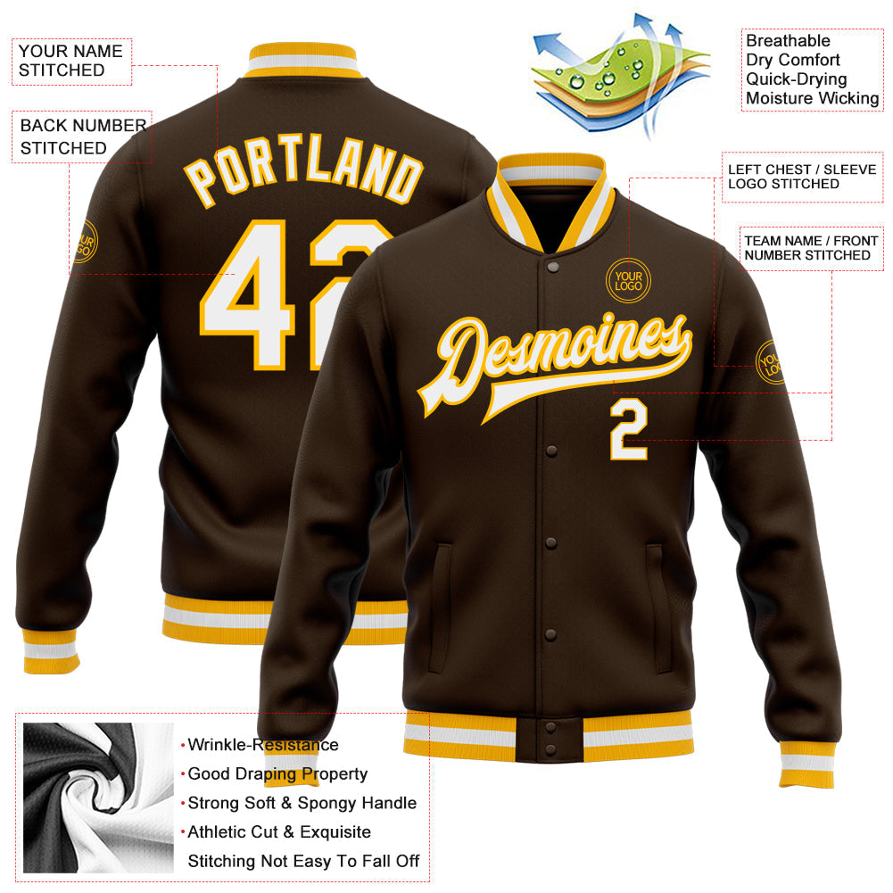 Custom Brown White-Gold Bomber Full-Snap Varsity Letterman Jacket view 5
