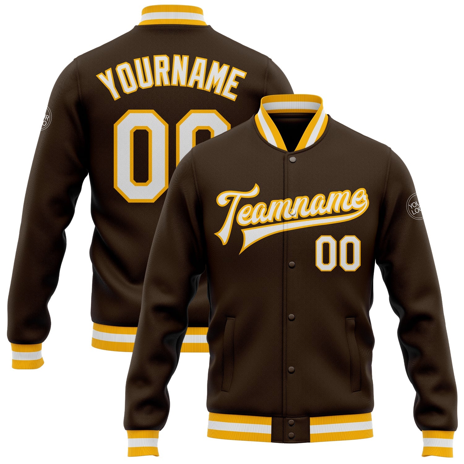 Custom Brown White-Gold Bomber Full-Snap Varsity Letterman Jacket - Main View