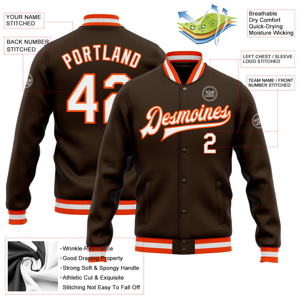 Custom Brown White-Orange Bomber Full-Snap Varsity Letterman Jacket view 5
