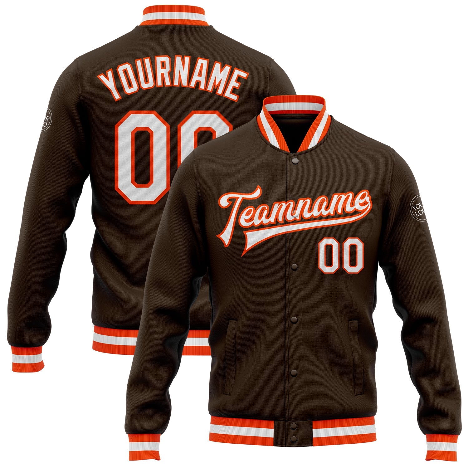 Custom Brown White-Orange Bomber Full-Snap Varsity Letterman Jacket - Main View