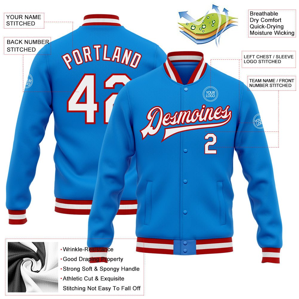 Custom Powder Blue White-Red Bomber Full-Snap Varsity Letterman Jacket view 5