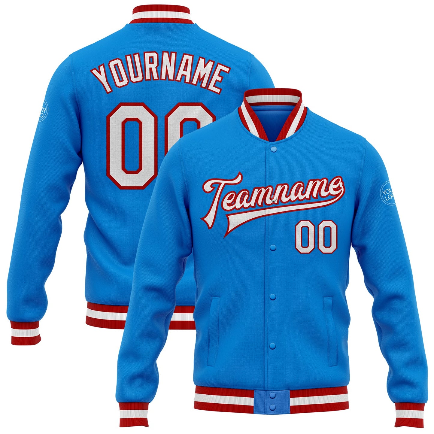 Custom Powder Blue White-Red Bomber Full-Snap Varsity Letterman Jacket - Main View