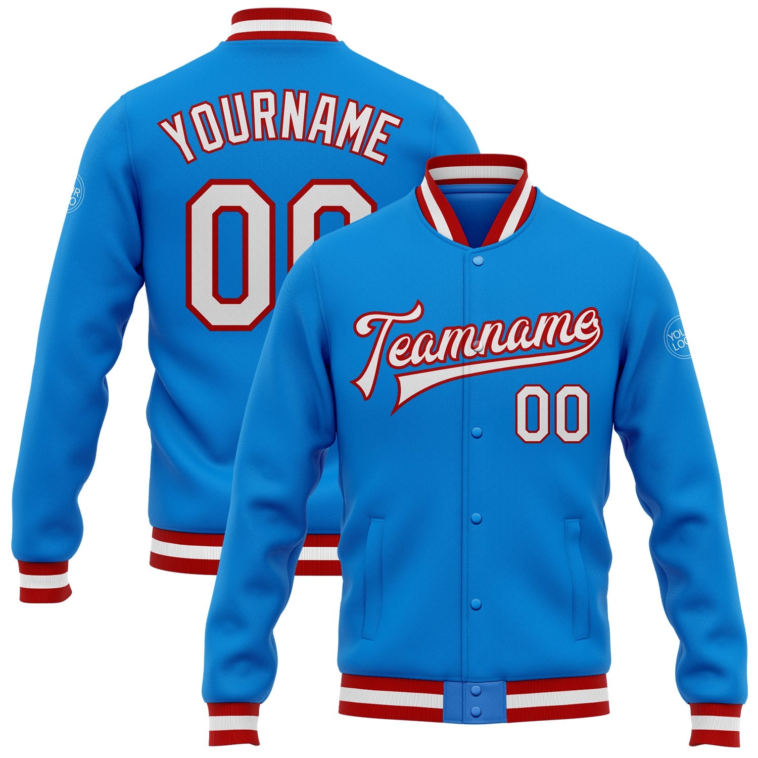 Custom Powder Blue White-Red Bomber Full-Snap Varsity Letterman Jacket - Main View