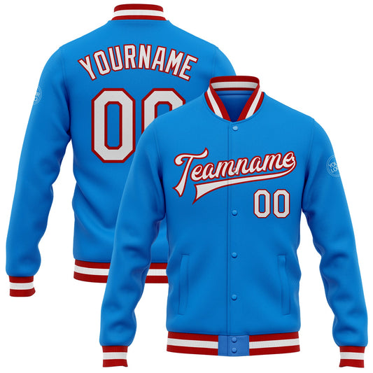 Custom Powder Blue White-Red Bomber Full-Snap Varsity Letterman Jacket - Main View