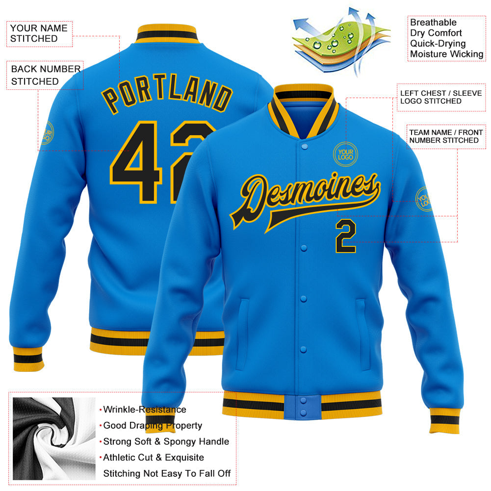 Custom Powder Blue Black-Gold Bomber Full-Snap Varsity Letterman Jacket view 5