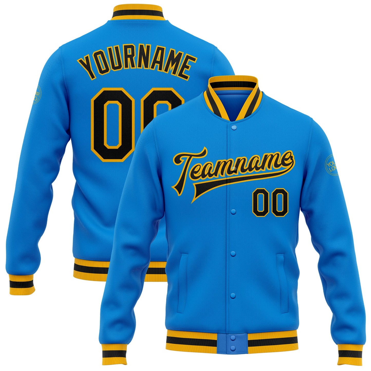 Custom Powder Blue Black-Gold Bomber Full-Snap Varsity Letterman Jacket - Main View
