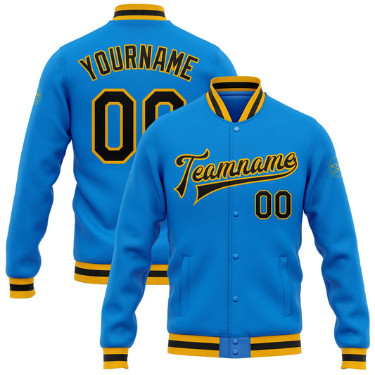 Custom Powder Blue Black-Gold Bomber Full-Snap Varsity Letterman Jacket - Main View