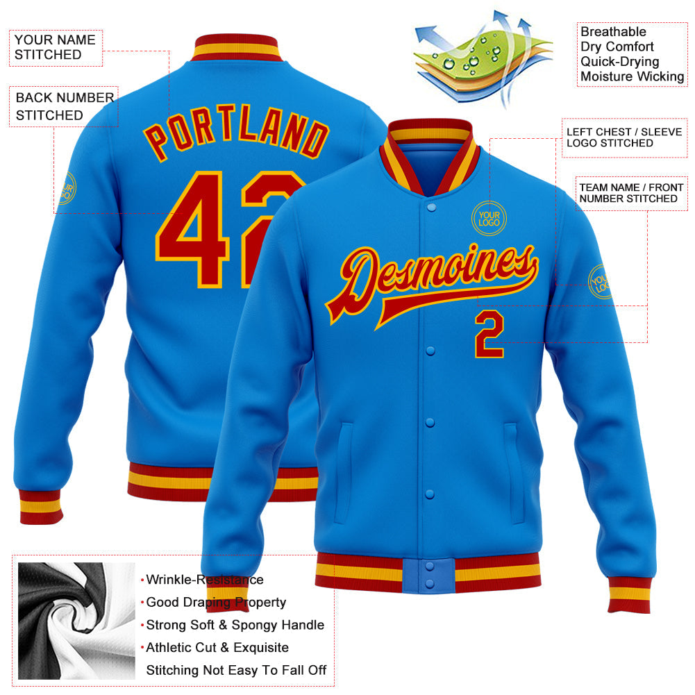 Custom Powder Blue Red-Gold Bomber Full-Snap Varsity Letterman Jacket view 5