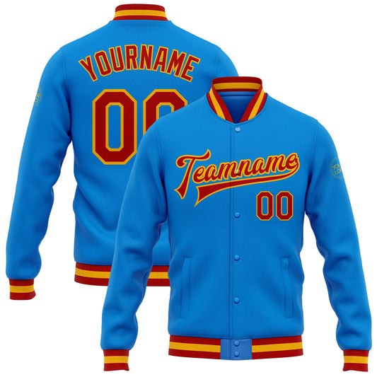 Custom Powder Blue Red-Gold Bomber Full-Snap Varsity Letterman Jacket - Main View