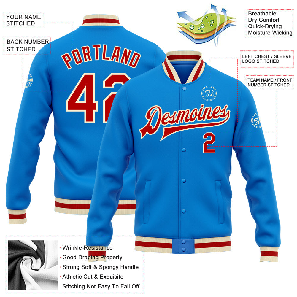 Custom Powder Blue Red-Cream Bomber Full-Snap Varsity Letterman Jacket view 5