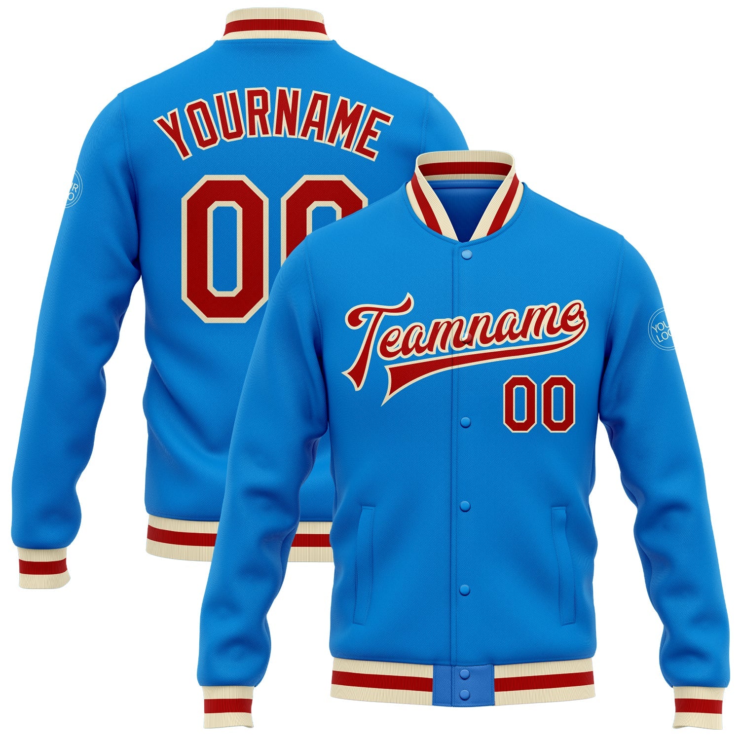 Custom Powder Blue Red-Cream Bomber Full-Snap Varsity Letterman Jacket - Main View