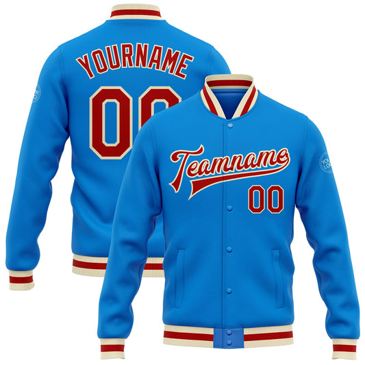 Custom Powder Blue Red-Cream Bomber Full-Snap Varsity Letterman Jacket - Main View