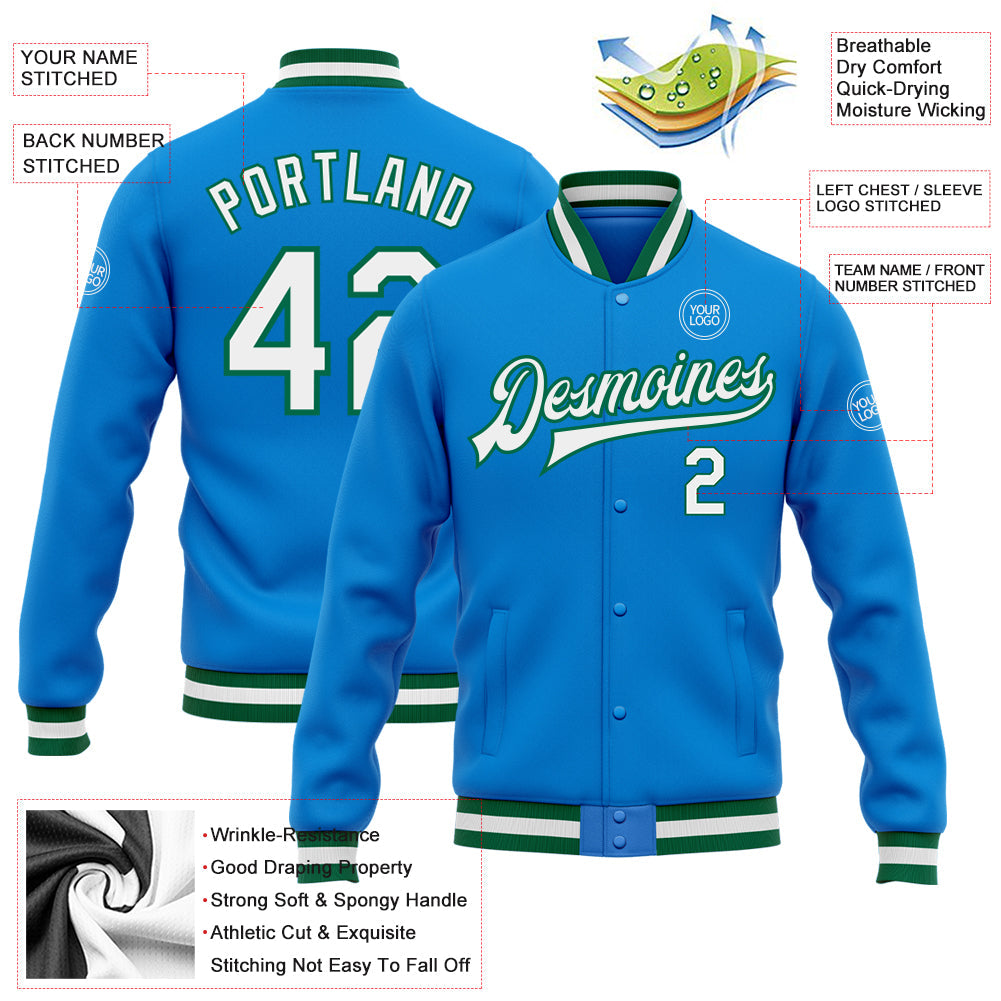 Custom Powder Blue White-Kelly Green Bomber Full-Snap Varsity Letterman Jacket view 5