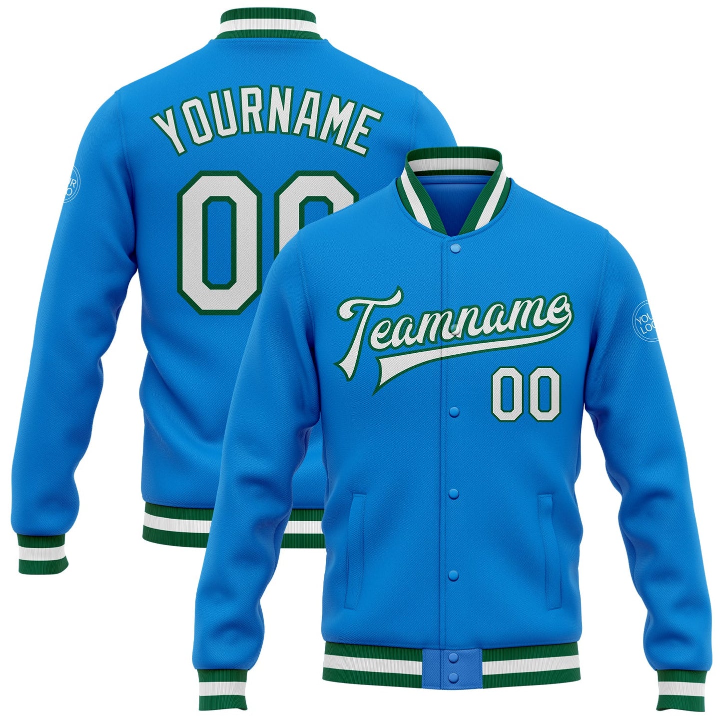 Custom Powder Blue White-Kelly Green Bomber Full-Snap Varsity Letterman Jacket - Main View