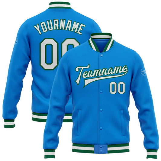 Custom Powder Blue White-Kelly Green Bomber Full-Snap Varsity Letterman Jacket - Main View