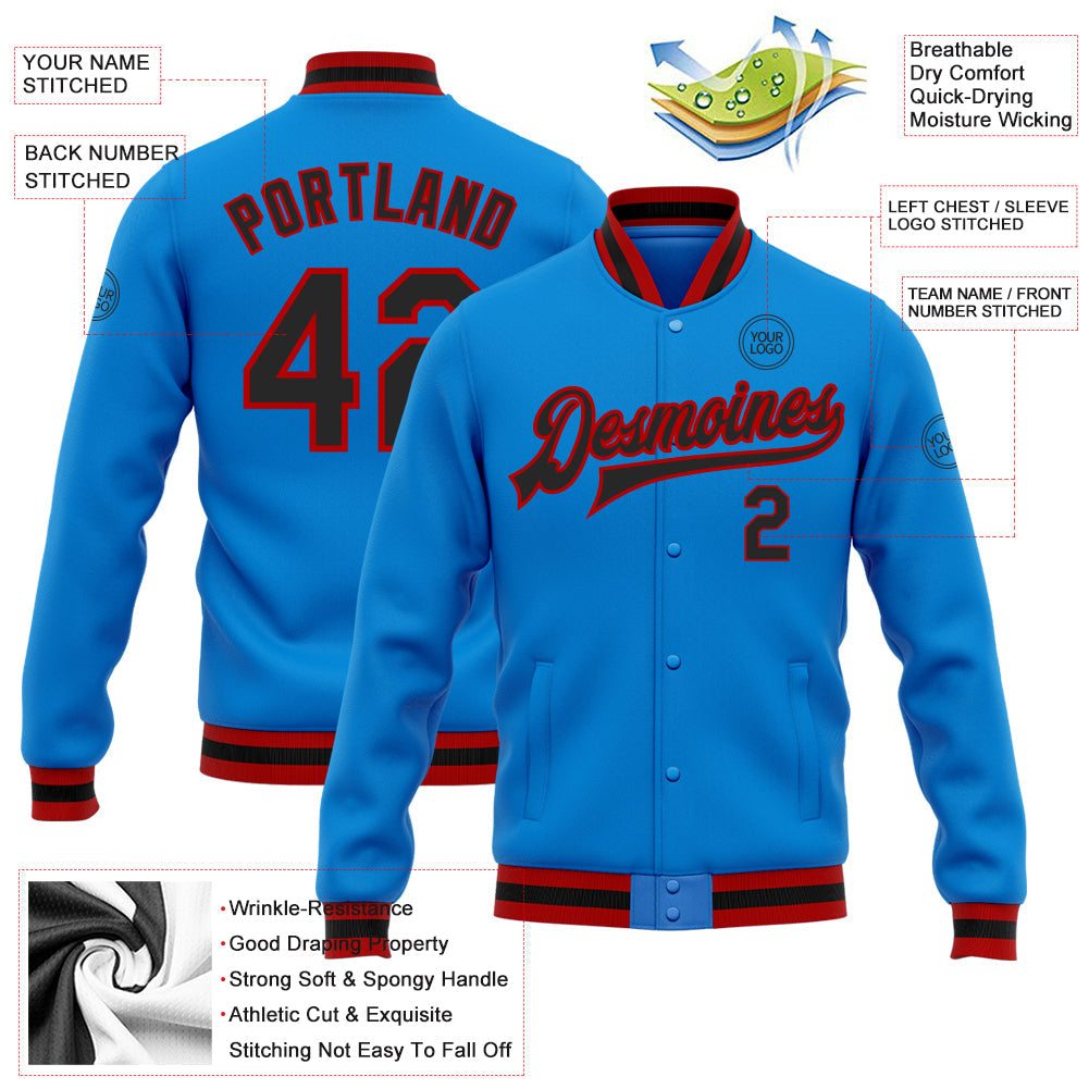 Custom Powder Blue Black-Red Bomber Full-Snap Varsity Letterman Jacket view 5