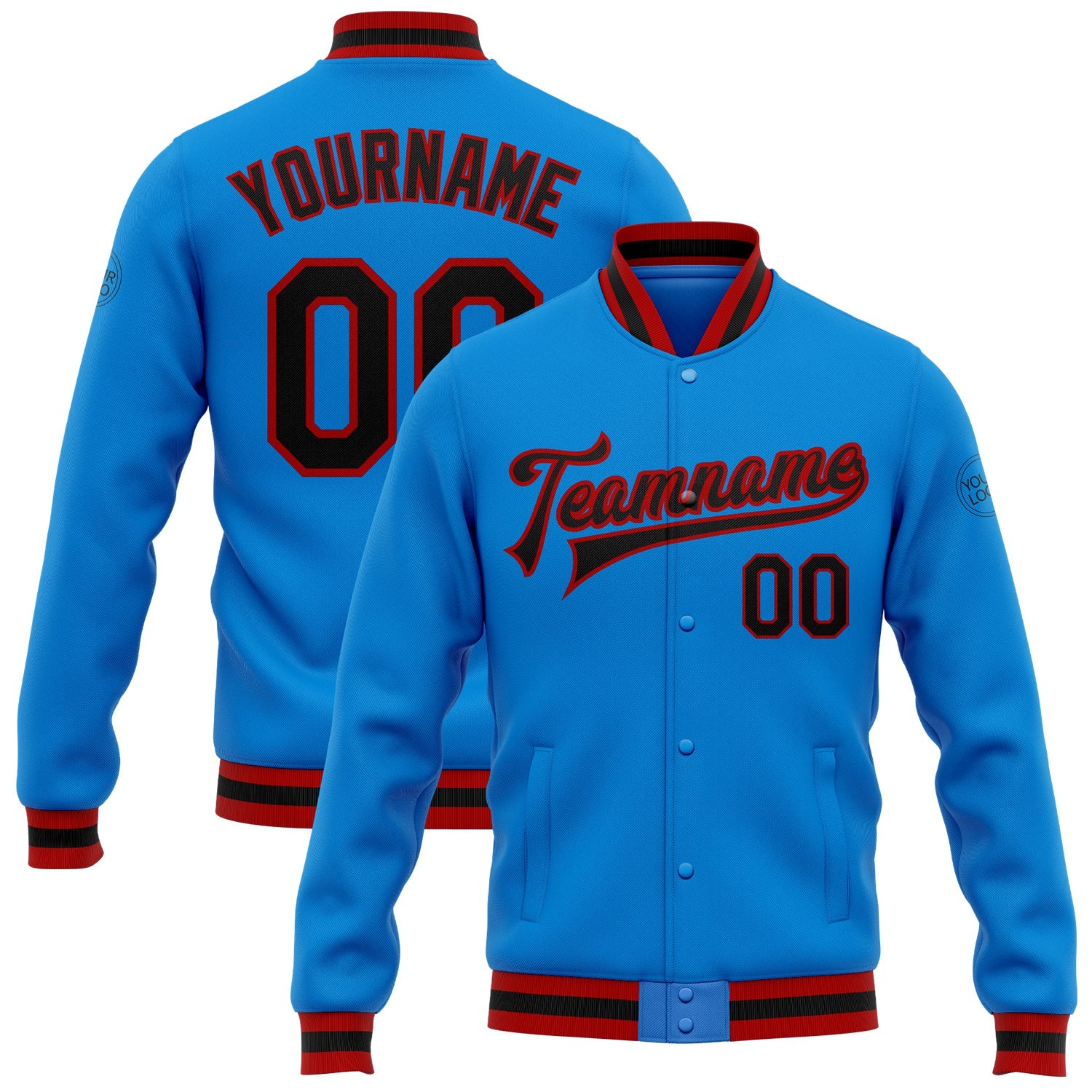 Custom Powder Blue Black-Red Bomber Full-Snap Varsity Letterman Jacket - Main View