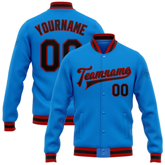 Custom Powder Blue Black-Red Bomber Full-Snap Varsity Letterman Jacket - Main View