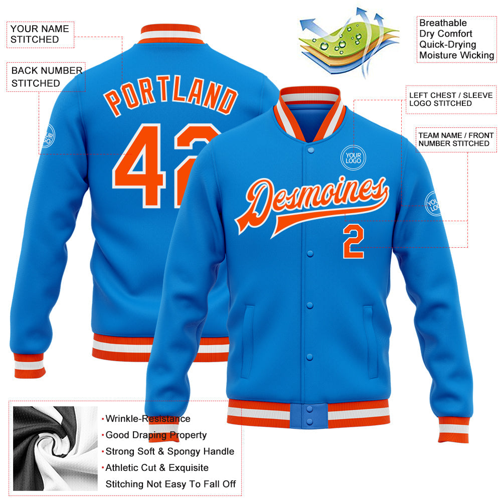 Custom Powder Blue Orange-White Bomber Full-Snap Varsity Letterman Jacket view 5
