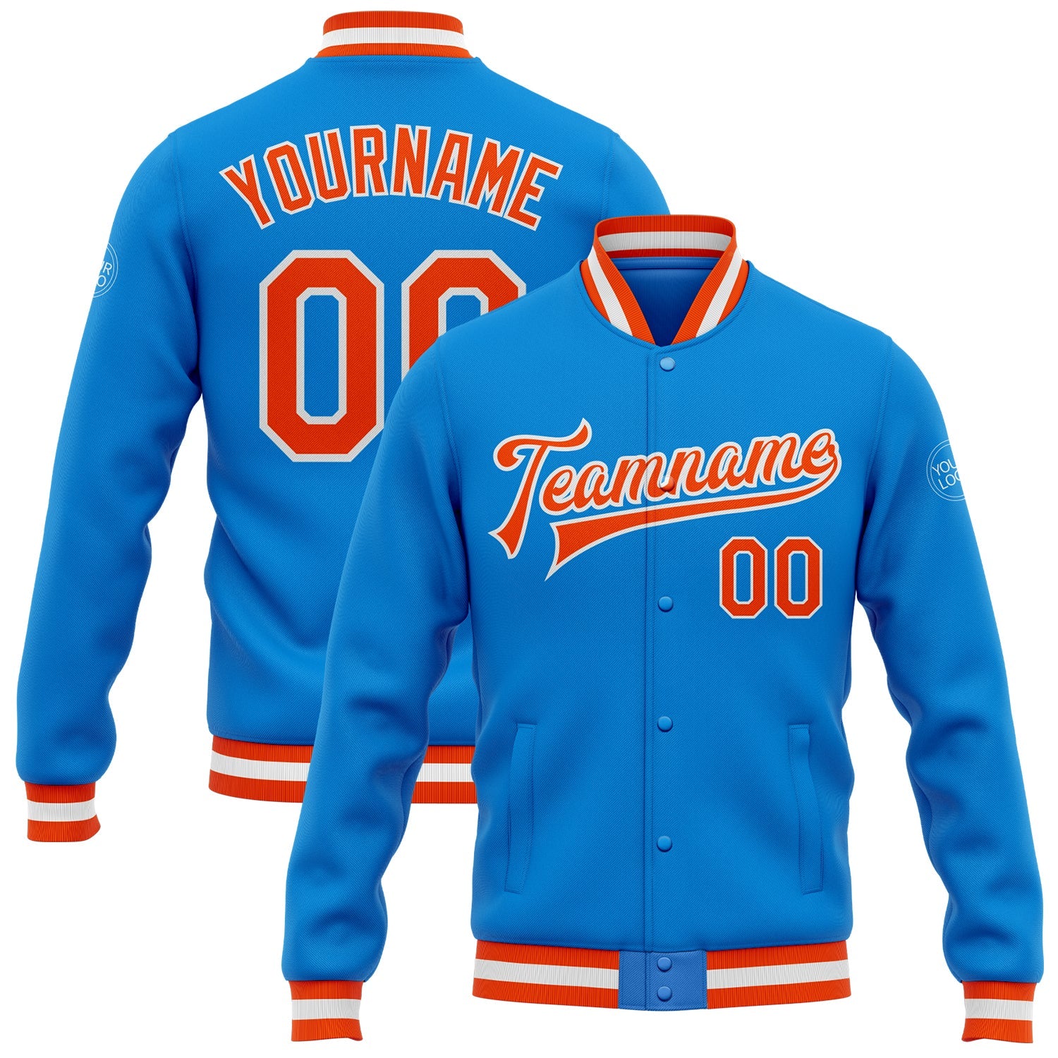 Custom Powder Blue Orange-White Bomber Full-Snap Varsity Letterman Jacket - Main View