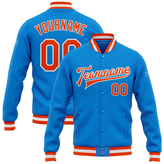 Custom Powder Blue Orange-White Bomber Full-Snap Varsity Letterman Jacket - Main View