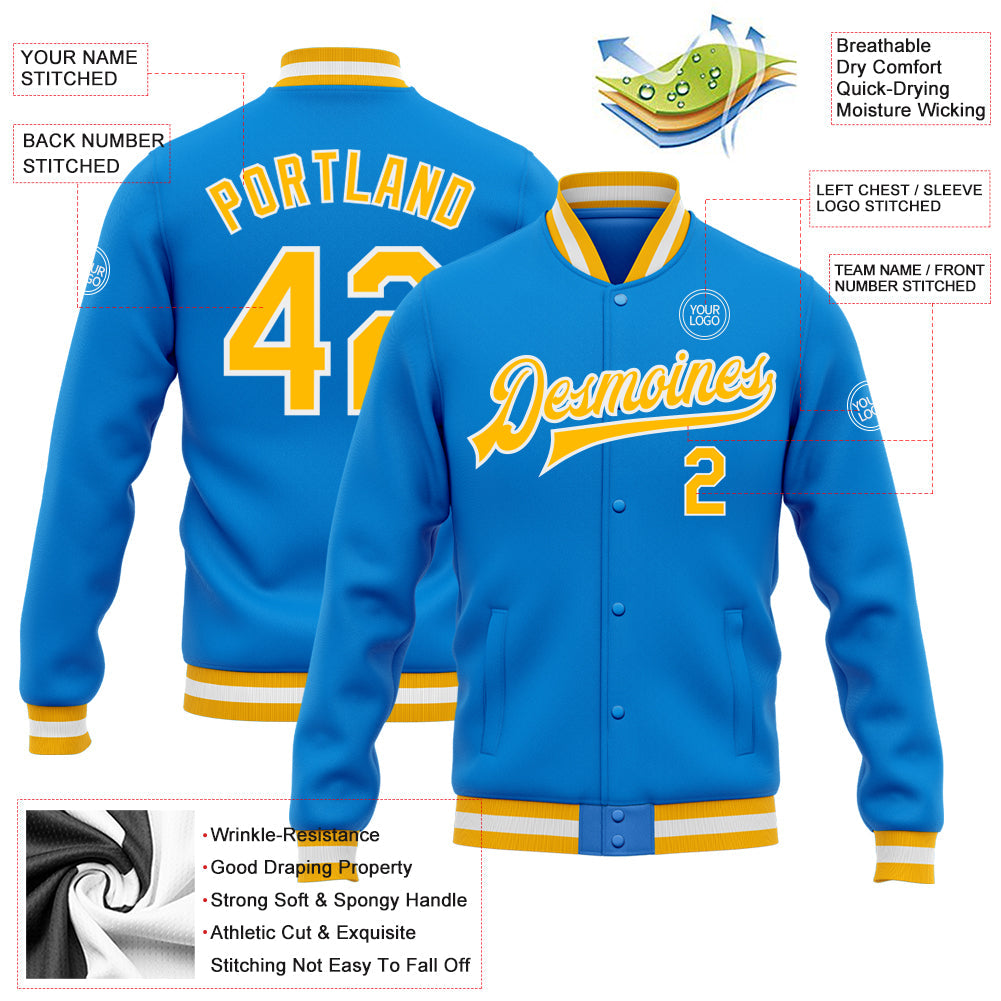Custom Powder Blue Gold-White Bomber Full-Snap Varsity Letterman Jacket view 5
