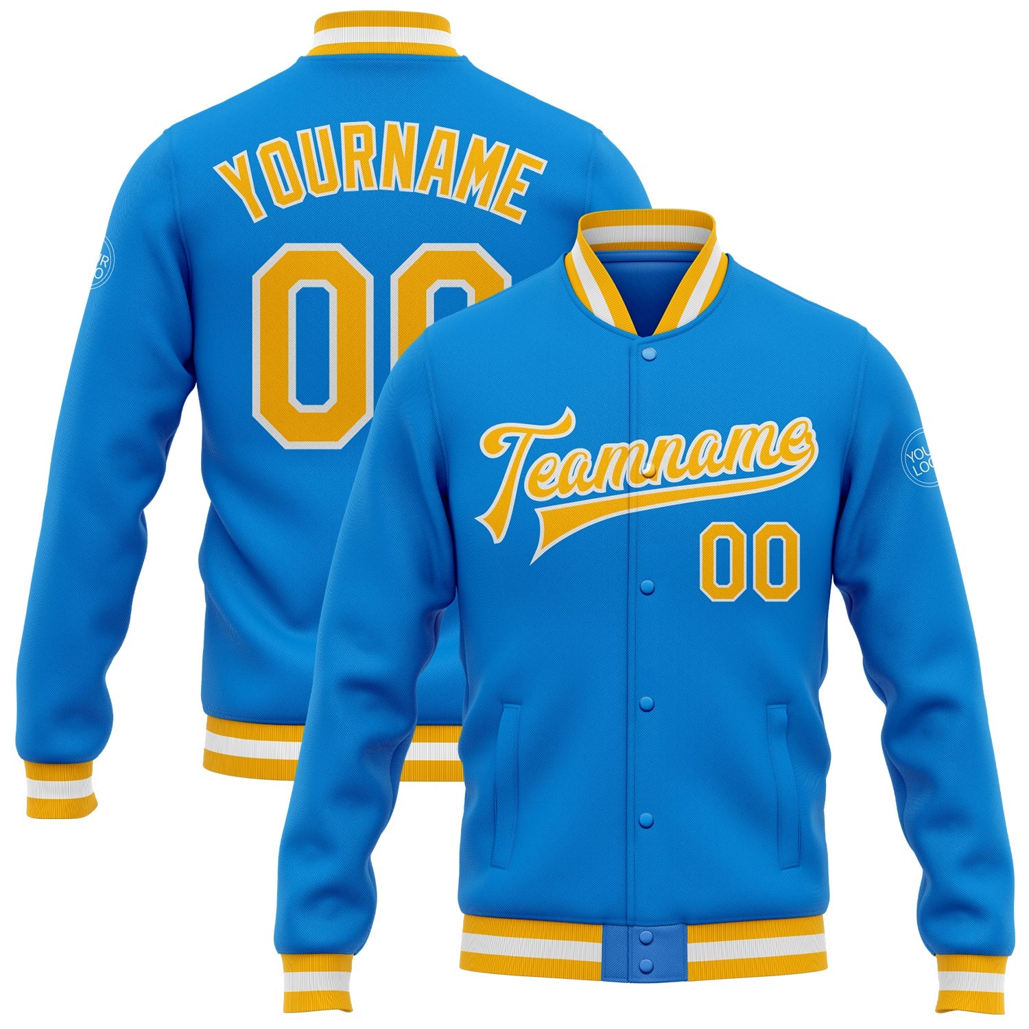 Custom Powder Blue Gold-White Bomber Full-Snap Varsity Letterman Jacket - Main View