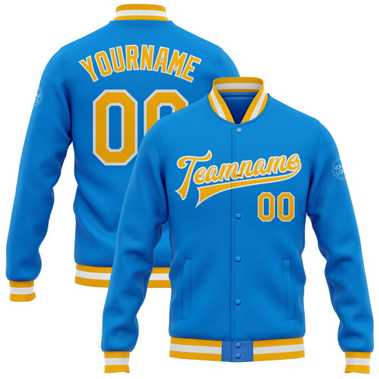 Custom Powder Blue Gold-White Bomber Full-Snap Varsity Letterman Jacket - Main View