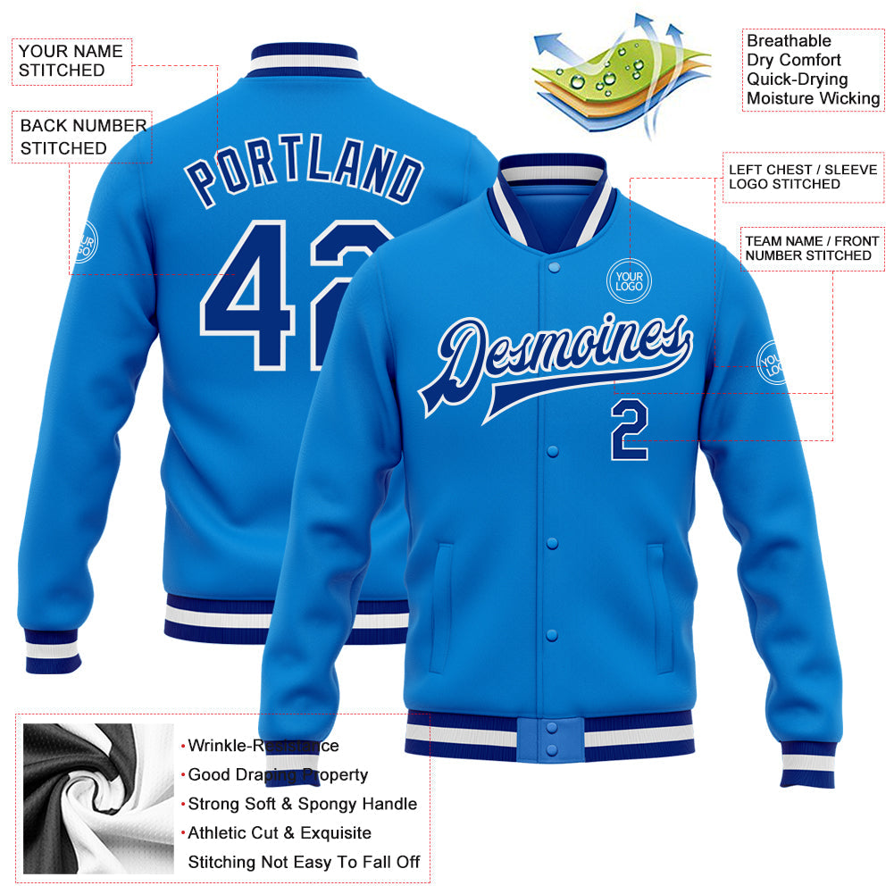 Custom Powder Blue Royal-White Bomber Full-Snap Varsity Letterman Jacket view 5