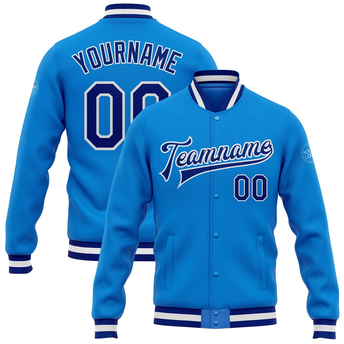 Custom Powder Blue Royal-White Bomber Full-Snap Varsity Letterman Jacket - Main View