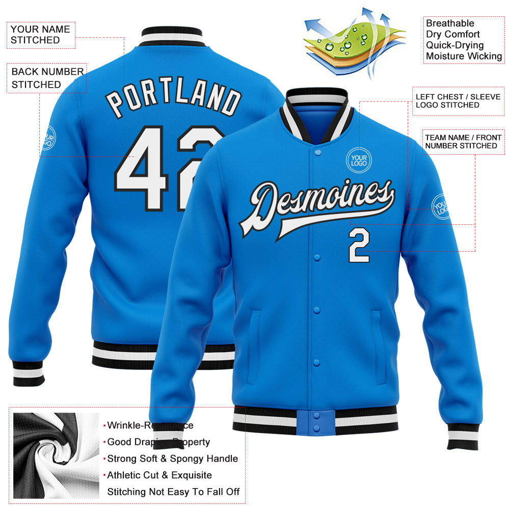 Custom Powder Blue White-Black Bomber Full-Snap Varsity Letterman Jacket view 5